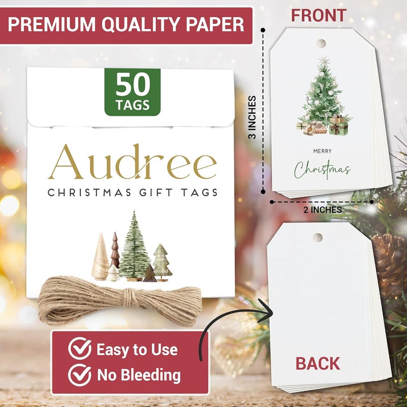 AUDREE 50 Pcs Boho Green Christmas Gift Tags with String – Rustic Minimalist Holiday Tags for Xmas Presents – Elegant Green & Wood Tone Gift Labels for Wrapping, Cards & DIY Crafts - Image 2